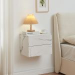 Noptieră suspendată Ampfing cu 2 sertare, aspect marmură albă