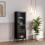 Vitrină living din oțel cu sticlă striată, 150x50x35 cm, neagră