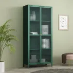 Vitrină living din metal verde cu sticlă striată, 180x80x35 cm