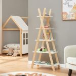 Bibliotecă pentru copii tip tipi cu 5 rafturi, alb/natur, 145x65x32 cm