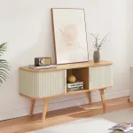 Comodă TV Tysvær 120x40x58 cm din bambus, crem, cu uși glisante