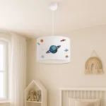 Lustră suspendată pentru copii albă cu model planete, E27, reglabilă