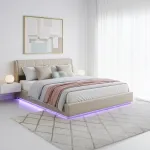 Pat tapițat LED 180x200 cm bej cu ladă de depozitare Tröstiar