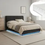 Pat tapițat LED 140x200 cm cu saltea și ladă de depozitare, negru