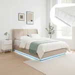 Pat tapițat LED 160x200 cm bej cu saltea și ladă de depozitare