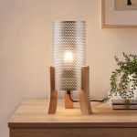 Lampă de masă Joelleldsvin cu abajur metalic argintiu și bază din lemn