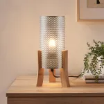 Lampă de masă Joelleldsvin cu abajur metalic argintiu și bază din lemn