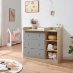 Comodă de înfășat Beldinupp cu blat detașabil, 3 sertare, stejar/gri