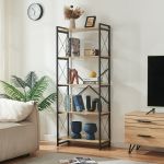 Bibliotecă Skørping cu 5 polițe, metal negru și aspect stejar 160x65x30 cm