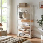 Suport pentru haine Larem cu 5 rafturi, alb și aspect stejar, 180x84x40 cm