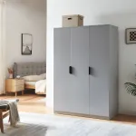 Dulap pentru haine gri cu 3 uși, bară și 4 rafturi, 176x120x52 cm