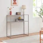 Masă consolă Kuhmo gri deschis din metal, cu poliță, 80 x 80 x 30 cm