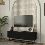 Comodă TV Nolven 135 cm neagră cu 2 uși rabatabile și cadru metalic