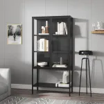 Vitrină living Borshavisa din metal și sticlă, 2 uși, negru, 160x80x35 cm