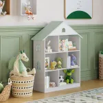 Bibliotecă pentru copii Vipsali tip căsuță, alb și verde mentă, 106,5x83x30 cm