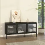 Vitrină sideboard metalică neagră cu 3 uși din sticlă, 118 cm