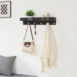 Cuier de perete cu poliță și 6 cârlige din metal, negru, 60 cm