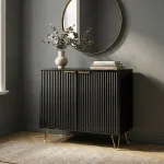 Comodă auxiliară neagră cu uși riflate și picioare metalice 80 cm