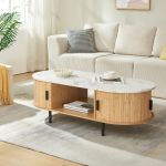 Masă de cafea Tvedestrand 120x55x40 cm, bambus și efect marmură albă