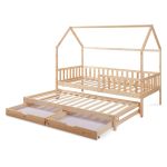 Pat copii dublu tip căsuță 90x200 cm din lemn de pin natur