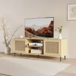 Comodă TV Lukhomso 152x40x54 cm, aspect stejar și ratan