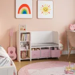 Bibliotecă pentru copii cu băncuță și cutii depozitare, alb/roz, 112 cm