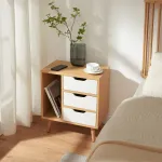 Noptieră cu 3 sertare și raft deschis, stejar și alb, 55x48x30 cm