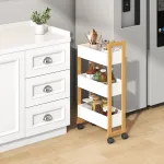 Cărucior de depozitare îngust Varulta cu 3 polițe, bambus alb, 80x41x20 cm