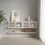 Sideboard Säkylä mit 4 Glastüren 150x38x90 cm Stahl Kamelfarben [en.casa]