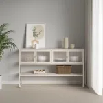 Bufet living Sakyla cu 4 usi din sticla si raft, 150x38x90 cm, camel