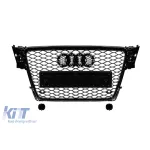 Grilă tip RS4 cu lac negru, potrivită pentru Audi A4 2007-2011 pentru modelele echipate cu bara de protecție frontală standard, cu bază pentru emblemă, cu deschideri pentru senzori de parcare Performance AutoTuning