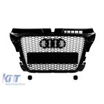 Grilaj tip RS3 lacuit negru, potrivit pentru Audi A3 2008-2011 pentru modelele echipate cu bara de protecție standard, cu bază pentru emblemă, cu deschideri pentru senzori de parcare. Performance AutoTuning