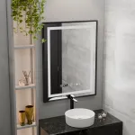 Oglindă LED baie 50x70 cm negru mat, dezaburire, ceas, termometru