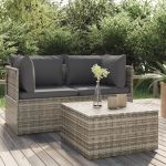 Set mobilier de grădină cu perne, 3 piese, gri, poliratan GartenMobel Dekor