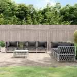 Set mobilier de grădină cu perne, 9 piese, alb, oțel GartenMobel Dekor