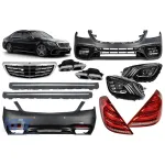 Un pachet de design tip S63 potrivit pentru Mercedes S W222 2013-2017 cu faruri, stopuri, grilă, praguri pentru ampatament lung Performance AutoTuning