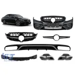 Un pachet de design tip E63 potrivit pentru Mercedes E-Class W213 2016-2019 cu capete cromate și garnitură cromată, pentru modelul cu bara de protecție din spate standard. Performance AutoTuning