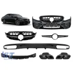 Un pachet de design tip E63 potrivit pentru Mercedes E-Class W213 2016-2019 cu ieșiri de evacuare negre și garnitură neagră, pentru modelul cu bara de protecție din spate standard. Performance AutoTuning