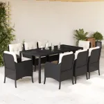 Set mobilier de grădină cu perne, 9 piese, negru, poliratan GartenMobel Dekor