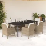 Set de masă pentru grădină, 7 piese, cu perne, bej, poliratan GartenMobel Dekor