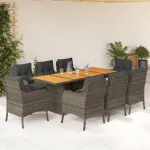 Set mobilier grădină cu perne, 9 piese, gri, poliratan GartenMobel Dekor