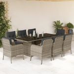 Set mobilier grădină cu perne, 9 piese, gri deschis, poliratan GartenMobel Dekor