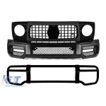 Kit bara fata A Design tip G63 cu bullbar lacuit negru potrivit pentru Mercedes G-Class W464 dupa 2018 cu PDC, grila, inele pentru faruri, extensii pentru aripi Performance AutoTuning