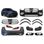 Un pachet de design tip GLE63 potrivit pentru Mercedes GLE SUV W167 2019-2023, cu elemente cromate, faruri LED și stopuri LED Performance AutoTuning