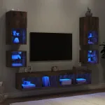 Unități de perete TV cu LED-uri, 8 piese, stejar fumuriu, lemn GartenMobel Dekor