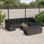 Set canapele de grădină cu perne, 10 piese, negru, poliratan GartenMobel Dekor