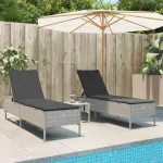 Set de șezlonguri, 3 piese, cu pernă, poliratan gri deschis GartenMobel Dekor