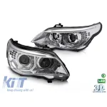 Kit de faruri tuning cu ochi de înger LED 3D, potrivit pentru BMW Seria 5 E60 sedan, E61 touring 2003-2007 cu bază cromată, stânga și dreapta, pentru modelul cu faruri halogen. Performance AutoTuning