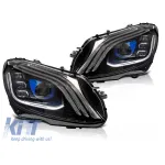 Set de faruri LED de tuning potrivit pentru Mercedes C-Class W205 sedan, S205 break 2014-2021 cu bază neagră, cu semnalizatoare dinamice, cu funcția "Bun venit", stânga și dreapta Performance AutoTuning