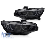 Set de faruri LED potrivit pentru Honda Civic X 2016-2021 hatchback, sedan, coupe cu bază neagră, cu semnalizatoare dinamice, pentru modelul cu lumini DRL din fabrică, stânga și dreapta Performance AutoTuning